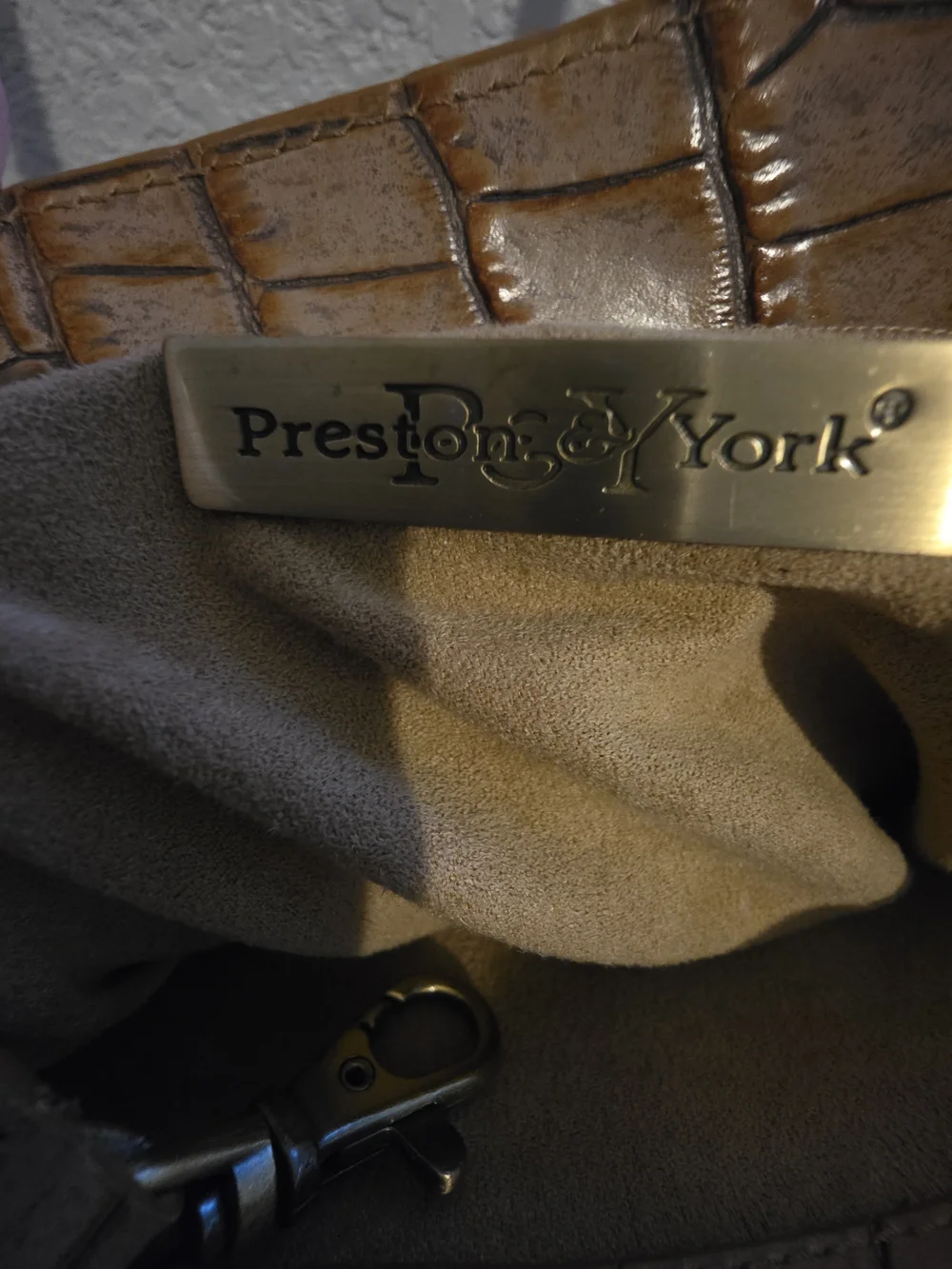 Preston & York Croc-Embossed Brown Shoulder Tote with Gold Turn-Lock
